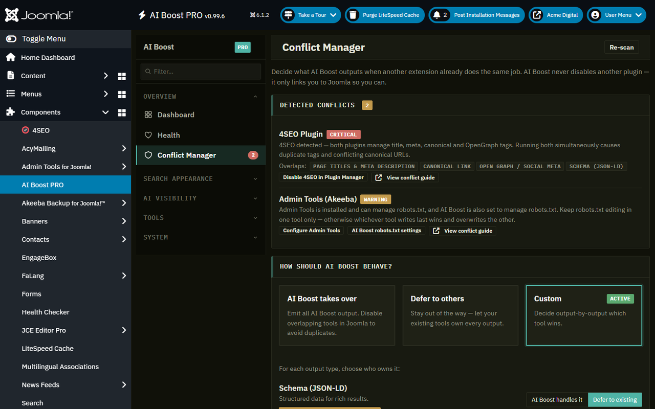 The Conflict Manager screen resolving overlaps with other SEO extensions per feature