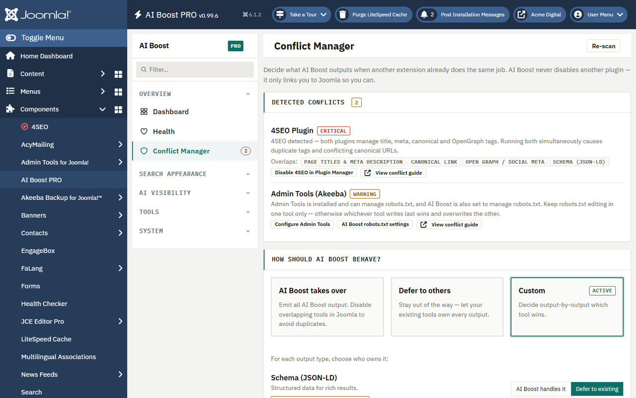 The Conflict Manager screen resolving overlaps with other SEO extensions per feature