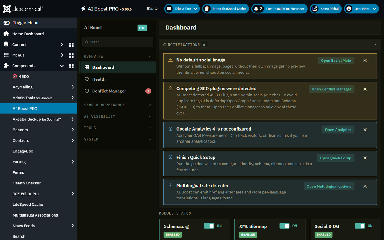 The AI Boost dashboard in the Joomla administrator, showing system status and quick actions