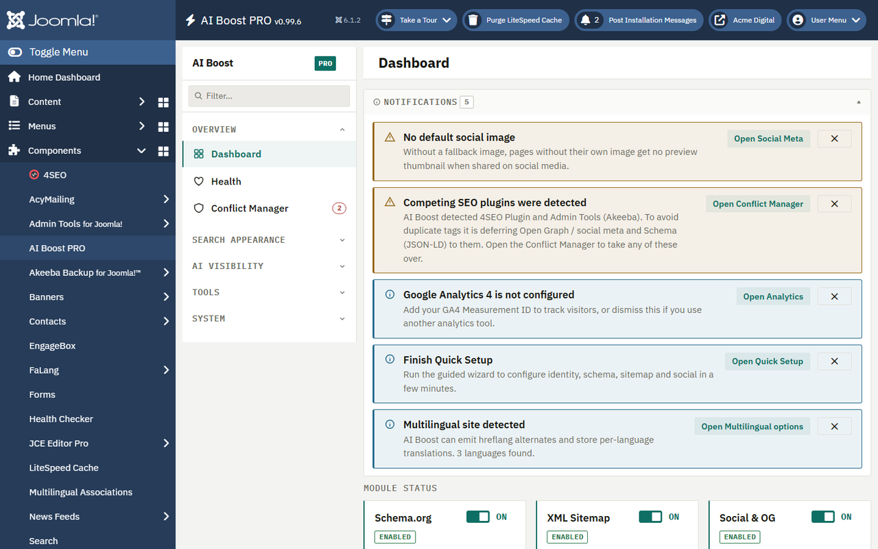 The AI Boost dashboard in the Joomla administrator, showing system status and quick actions