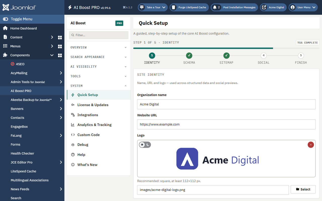 The AI Boost Quick Setup wizard in the Joomla administrator, showing the guided setup steps