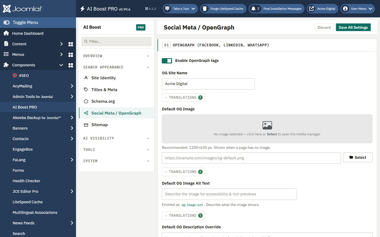 The Open Graph settings screen in AI Boost